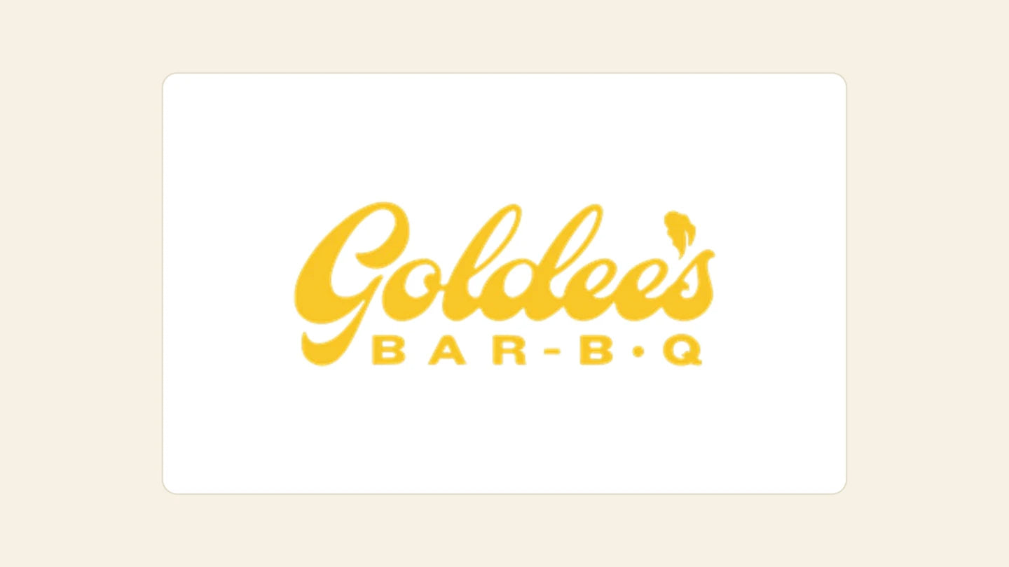 A Goldee's Bar-B-Q gift card: the gold Goldee's wordmark on a white card